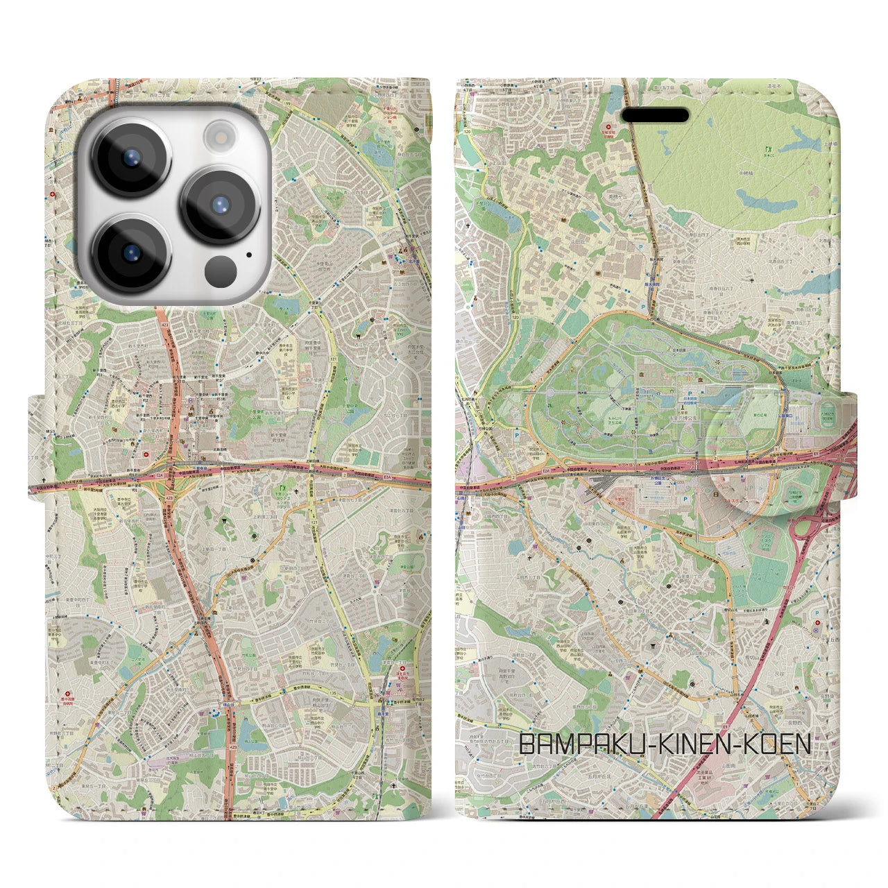 【万博記念公園】地図柄iPhoneケース（手帳両面タイプ・ナチュラル）iPhone 14 Pro 用