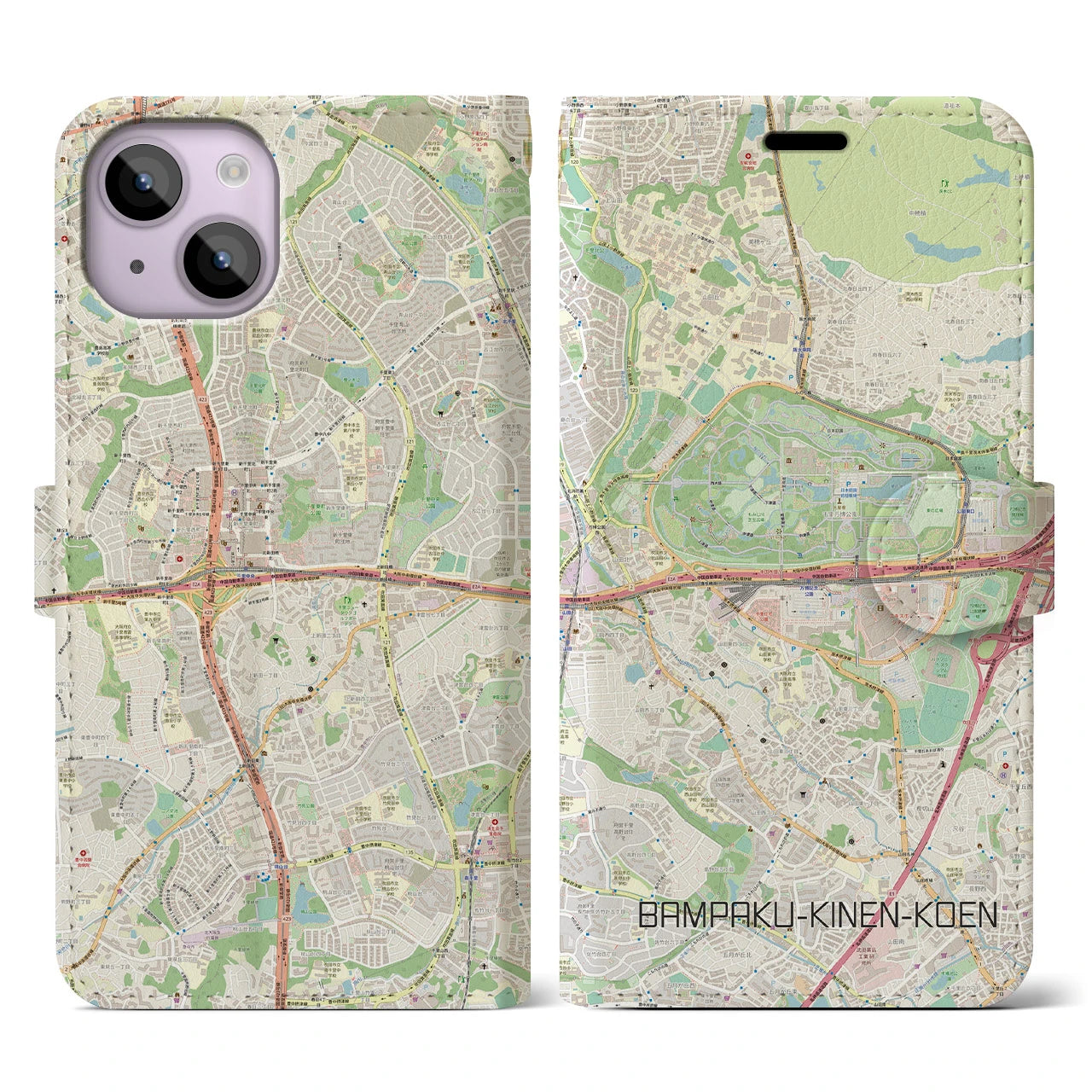 【万博記念公園】地図柄iPhoneケース（手帳両面タイプ・ナチュラル）iPhone 14 用