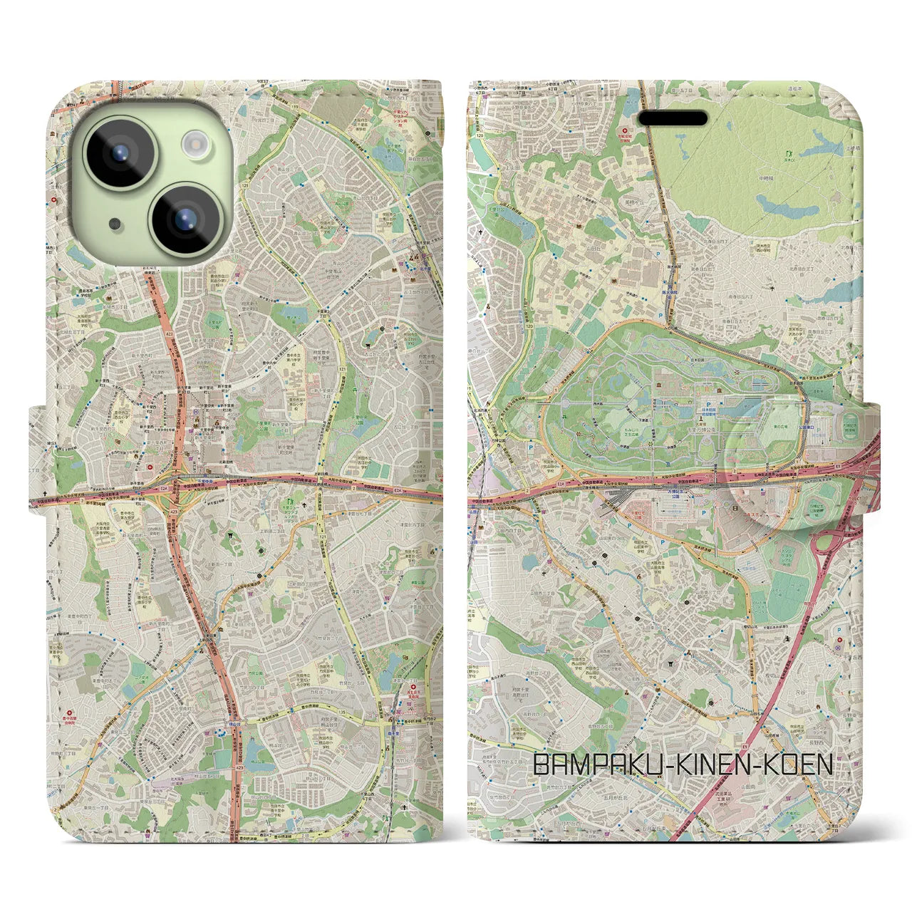 【万博記念公園】地図柄iPhoneケース（手帳両面タイプ・ナチュラル）iPhone 15 用