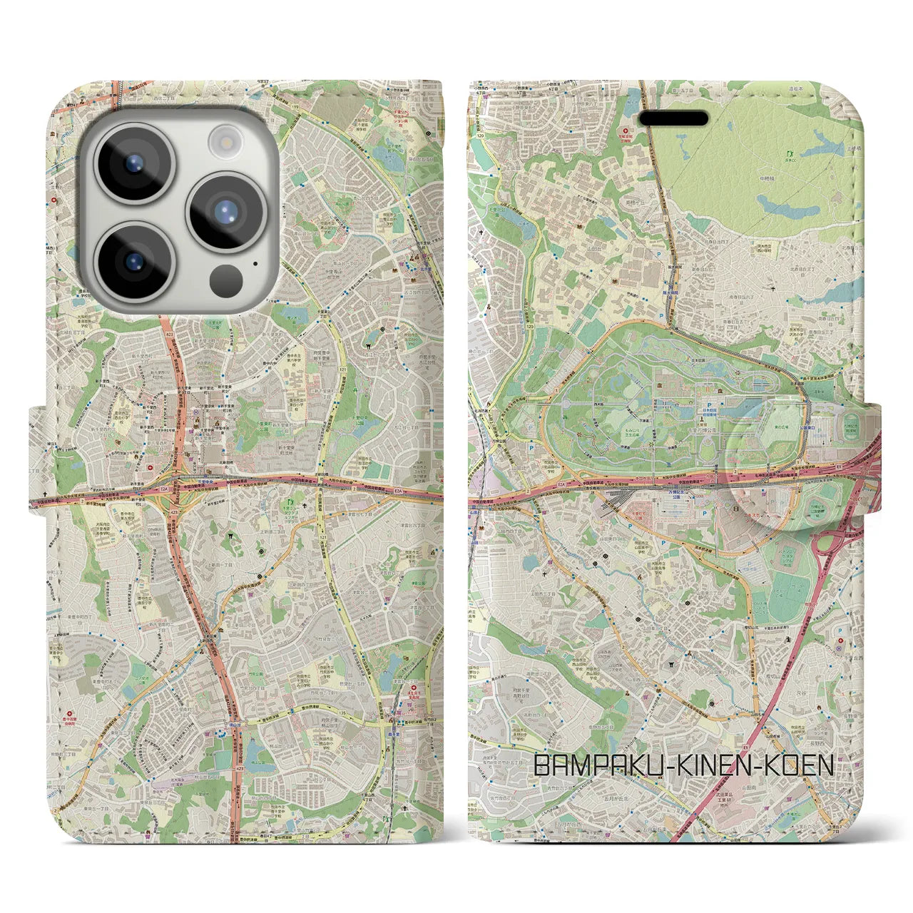 【万博記念公園】地図柄iPhoneケース（手帳両面タイプ・ナチュラル）iPhone 15 Pro 用