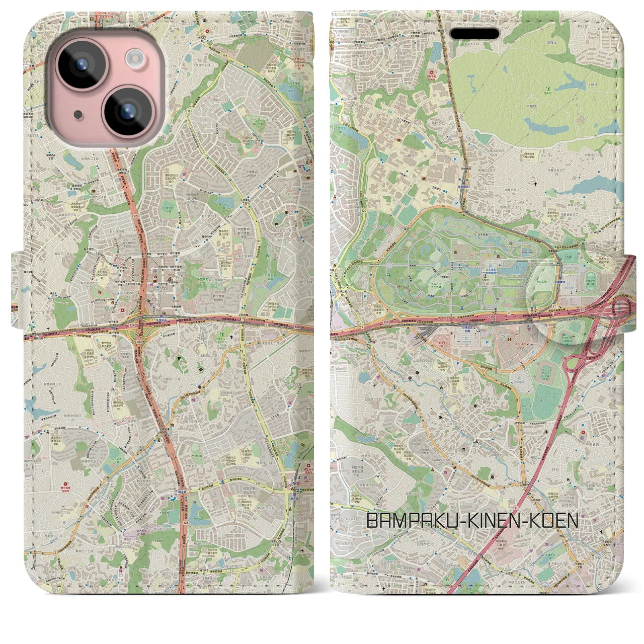 【万博記念公園】地図柄iPhoneケース（手帳両面タイプ・ナチュラル）iPhone 15 Plus 用