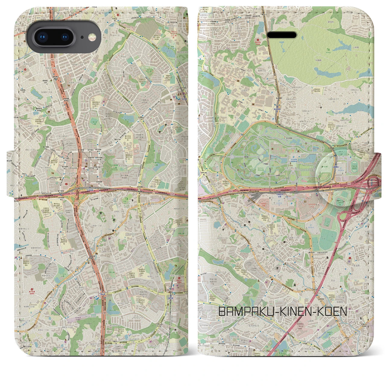 【万博記念公園】地図柄iPhoneケース（手帳両面タイプ・ナチュラル）iPhone 8Plus /7Plus / 6sPlus / 6Plus 用