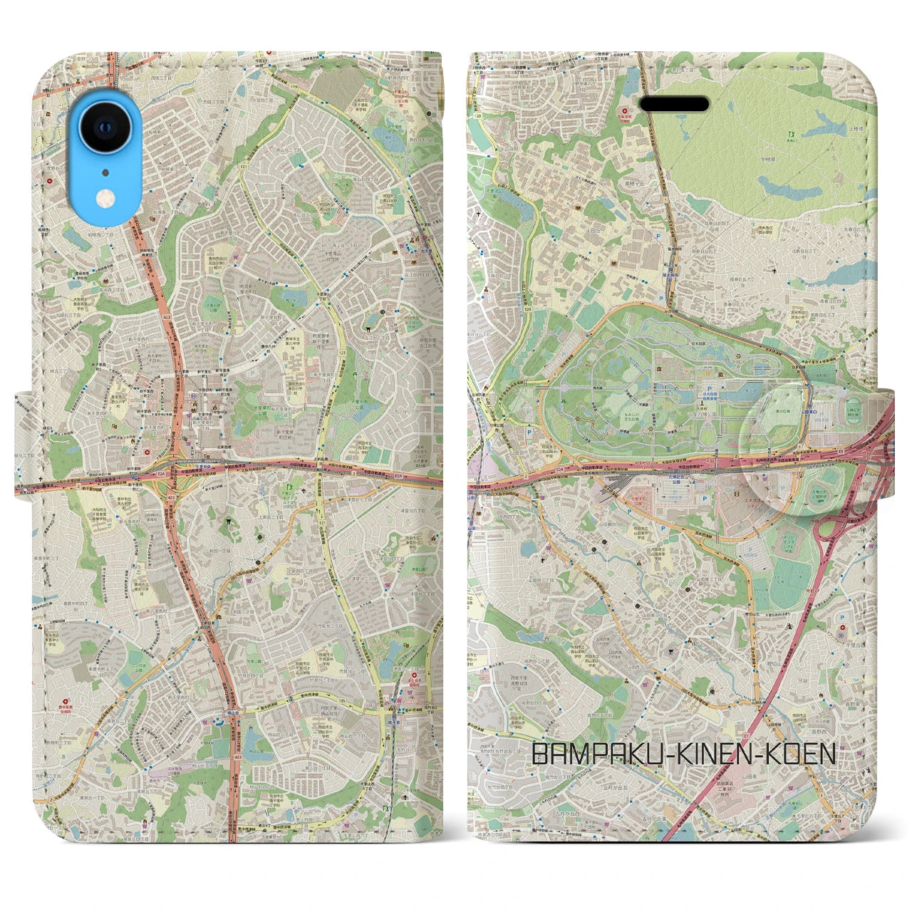 【万博記念公園】地図柄iPhoneケース（手帳両面タイプ・ナチュラル）iPhone XR 用