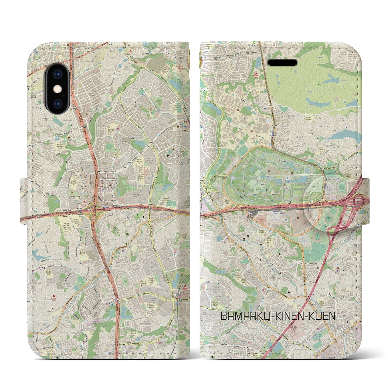 【万博記念公園】地図柄iPhoneケース（手帳両面タイプ・ナチュラル）iPhone XS / X 用