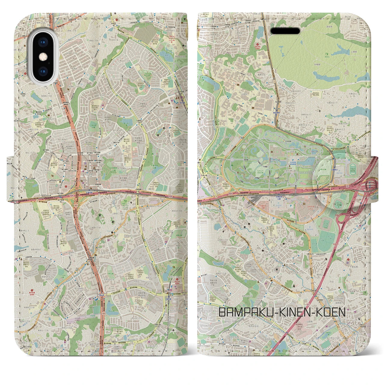 【万博記念公園】地図柄iPhoneケース（手帳両面タイプ・ナチュラル）iPhone XS Max 用