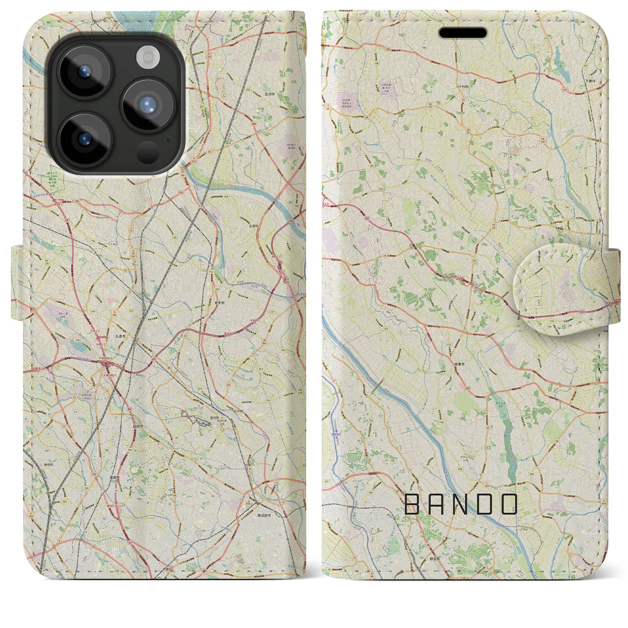 【坂東】地図柄iPhoneケース（手帳両面タイプ・ナチュラル）iPhone 15 Pro Max 用