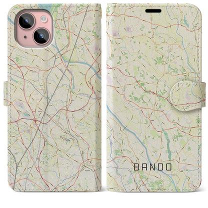 【坂東（茨城県）】地図柄iPhoneケース（手帳タイプ）ナチュラル・iPhone 15 Plus 用
