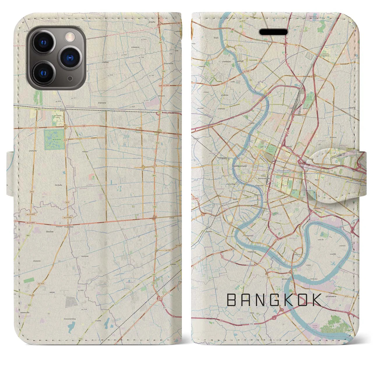 【バンコク】地図柄iPhoneケース（手帳両面タイプ・ナチュラル）iPhone 11 Pro Max 用