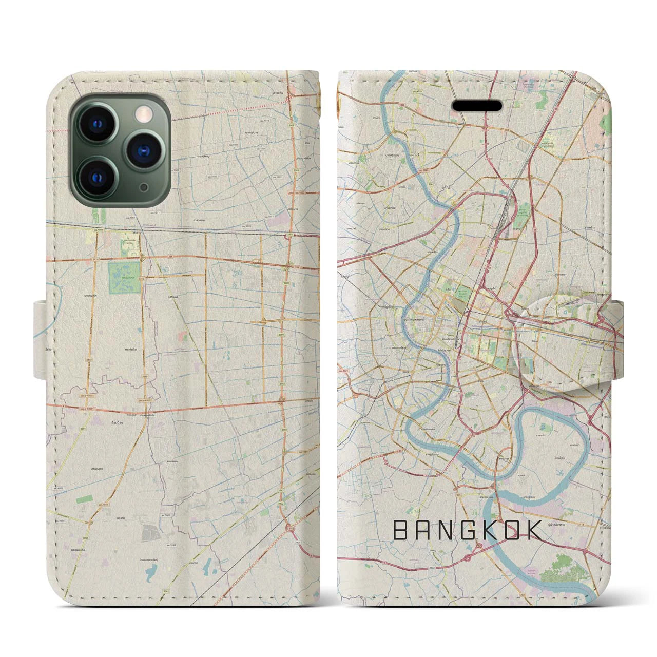 【バンコク】地図柄iPhoneケース（手帳両面タイプ・ナチュラル）iPhone 11 Pro 用