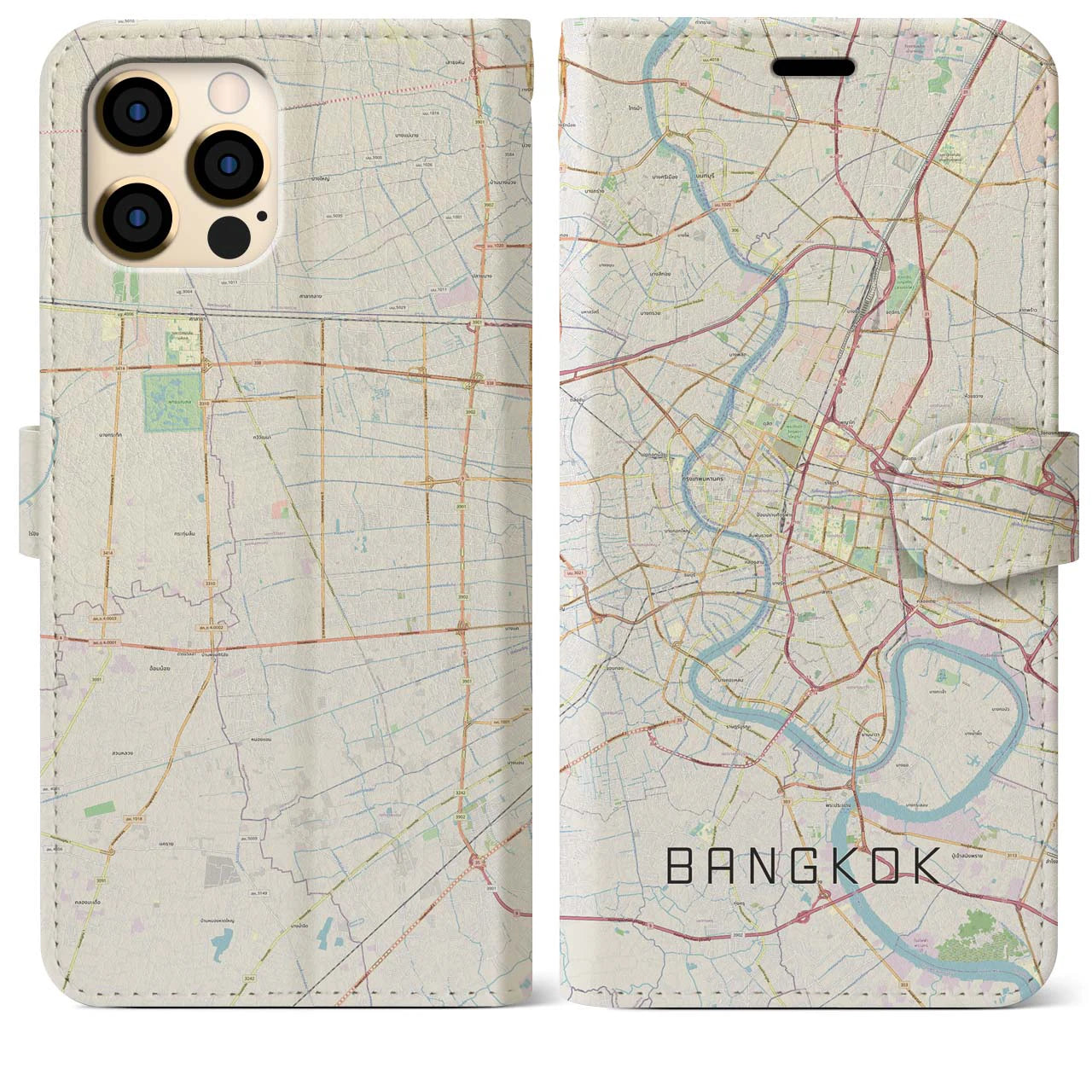 【バンコク】地図柄iPhoneケース（手帳両面タイプ・ナチュラル）iPhone 12 Pro Max 用