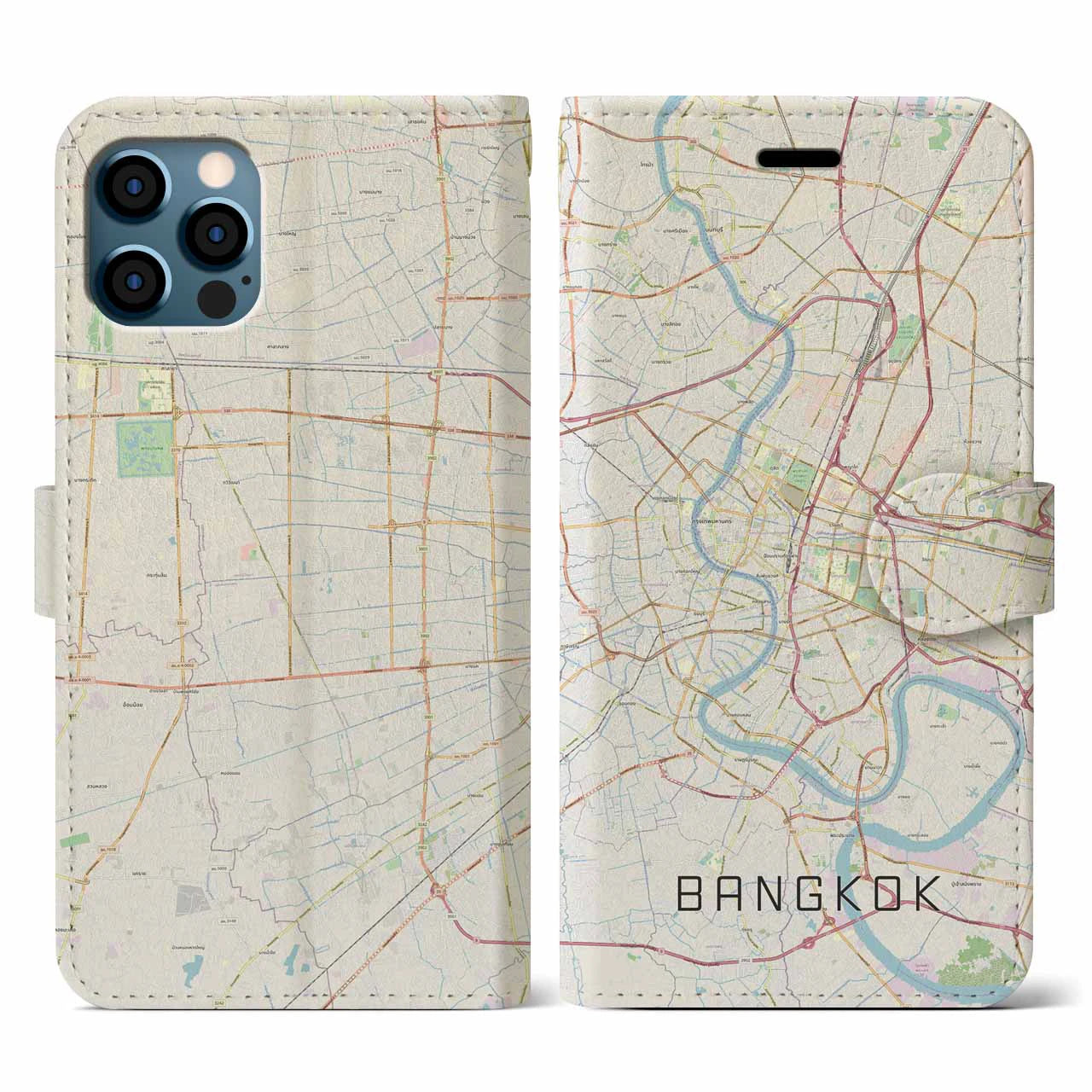 【バンコク】地図柄iPhoneケース（手帳両面タイプ・ナチュラル）iPhone 12 / 12 Pro 用