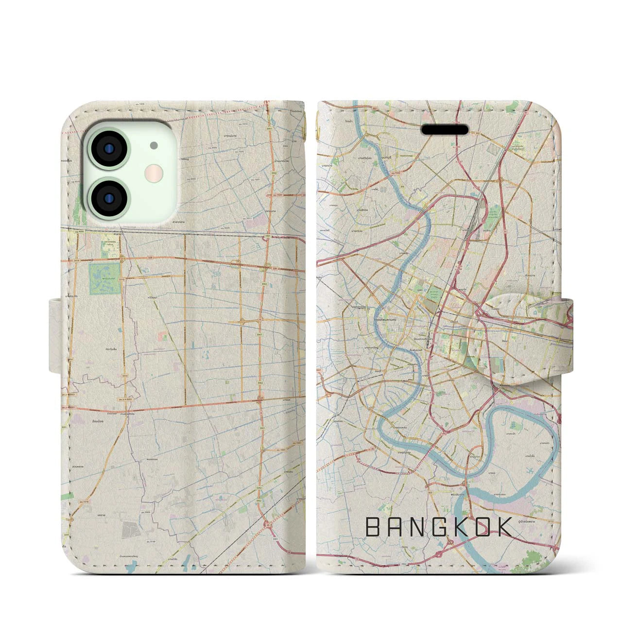 【バンコク】地図柄iPhoneケース（手帳両面タイプ・ナチュラル）iPhone 12 mini 用