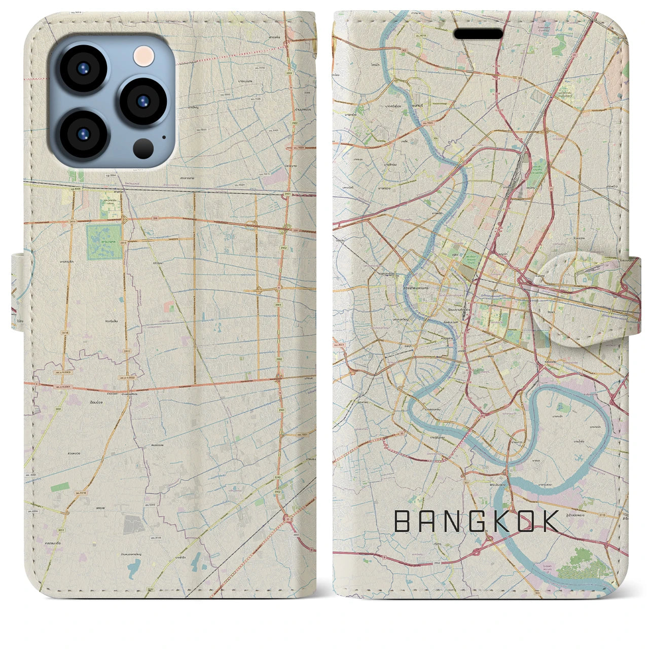 【バンコク】地図柄iPhoneケース（手帳両面タイプ・ナチュラル）iPhone 13 Pro Max 用