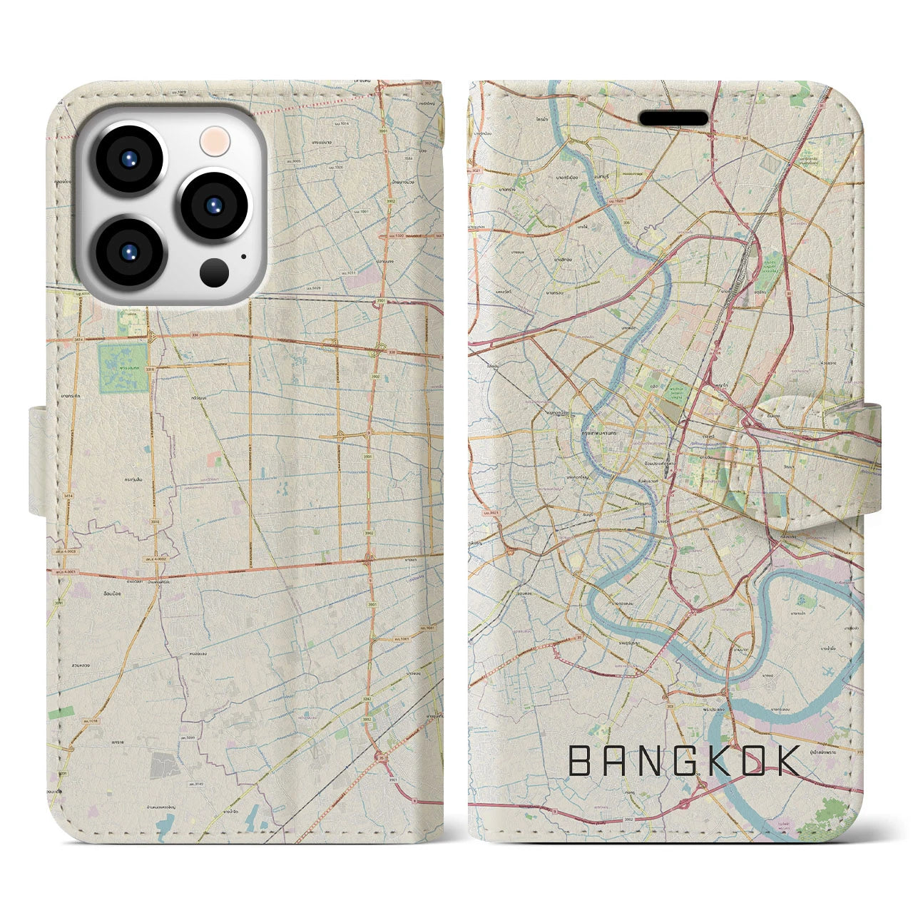【バンコク】地図柄iPhoneケース（手帳両面タイプ・ナチュラル）iPhone 13 Pro 用