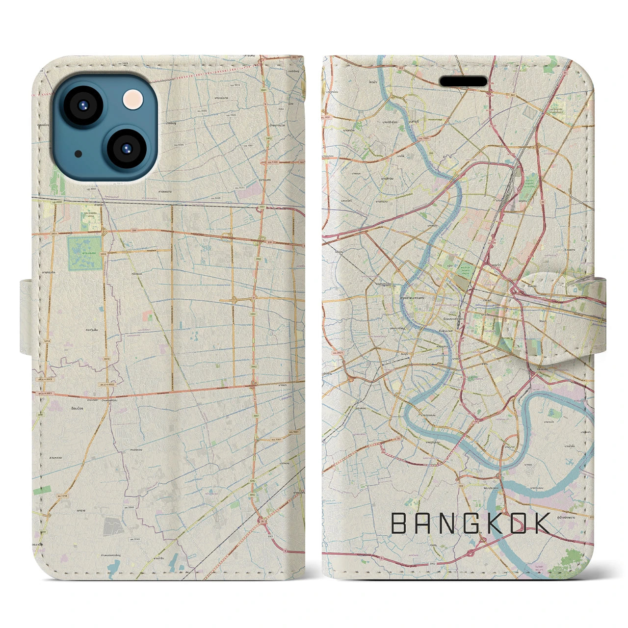 【バンコク】地図柄iPhoneケース（手帳両面タイプ・ナチュラル）iPhone 13 用