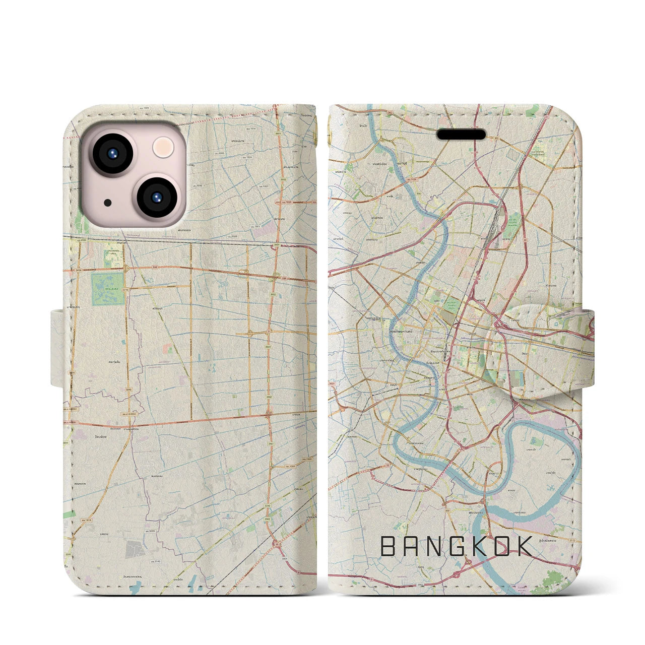 【バンコク】地図柄iPhoneケース（手帳両面タイプ・ナチュラル）iPhone 13 mini 用