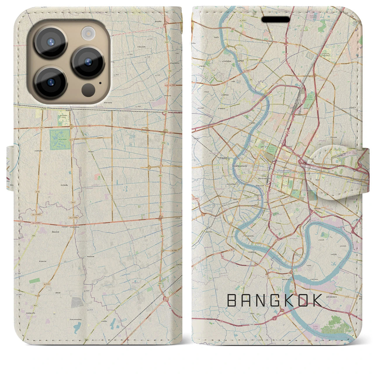 【バンコク】地図柄iPhoneケース（手帳両面タイプ・ナチュラル）iPhone 14 Pro Max 用