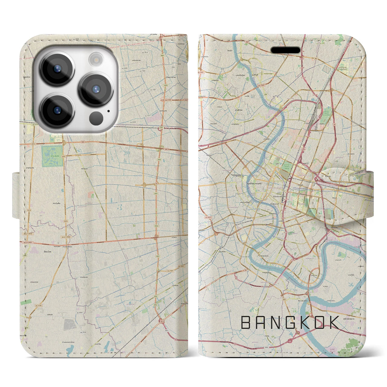 【バンコク】地図柄iPhoneケース（手帳両面タイプ・ナチュラル）iPhone 14 Pro 用