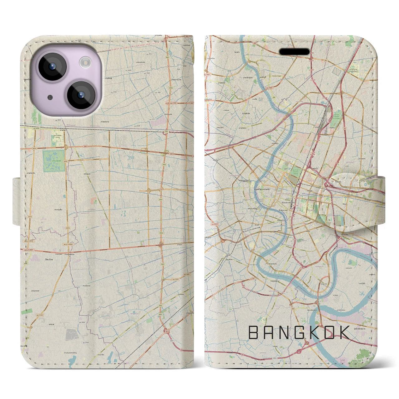 【バンコク】地図柄iPhoneケース（手帳両面タイプ・ナチュラル）iPhone 14 用
