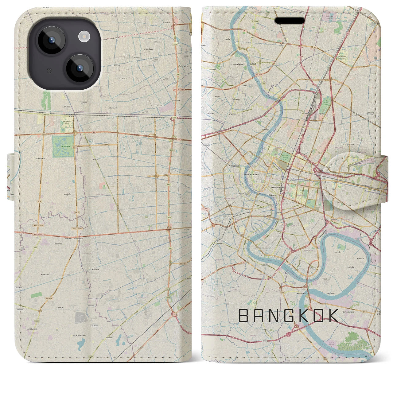 【バンコク】地図柄iPhoneケース（手帳両面タイプ・ナチュラル）iPhone 14 Plus 用