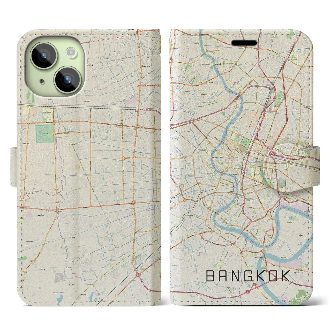 【バンコク】地図柄iPhoneケース（手帳両面タイプ・ナチュラル）iPhone 15 用