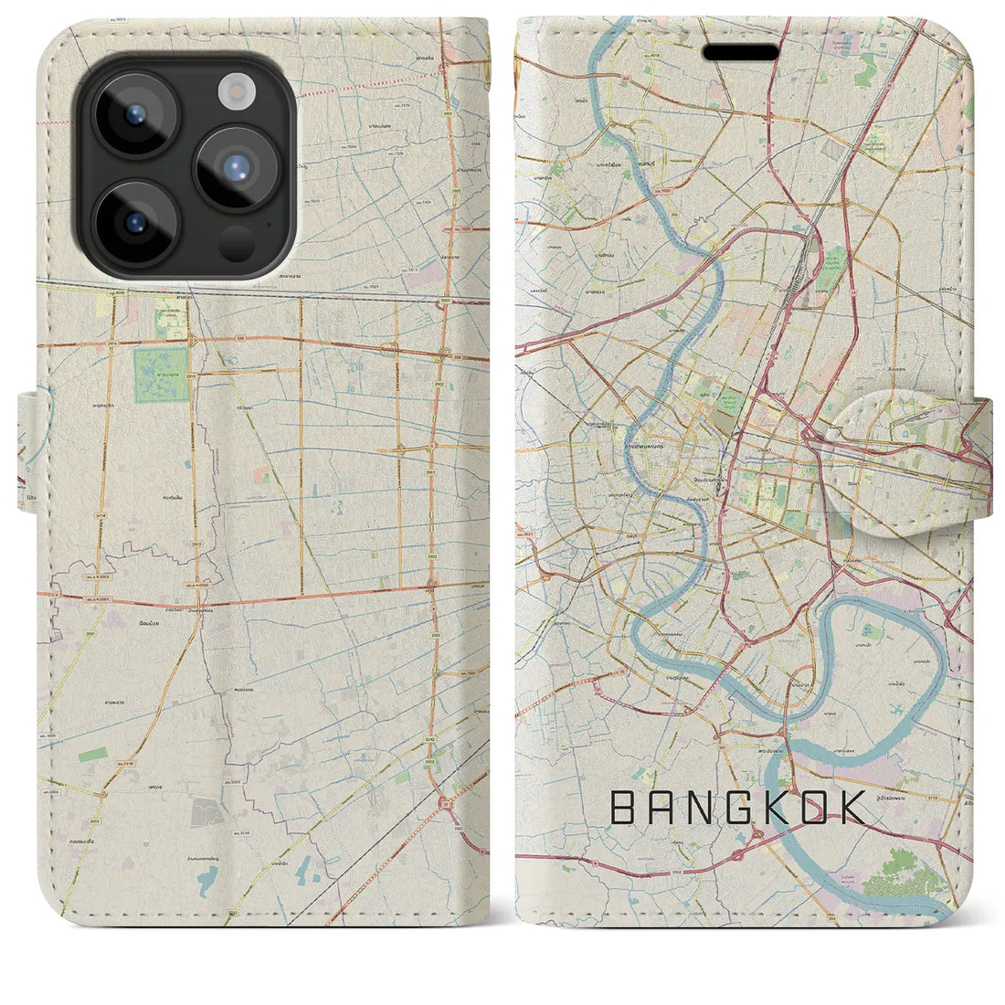 【バンコク】地図柄iPhoneケース（手帳両面タイプ・ナチュラル）iPhone 15 Pro Max 用