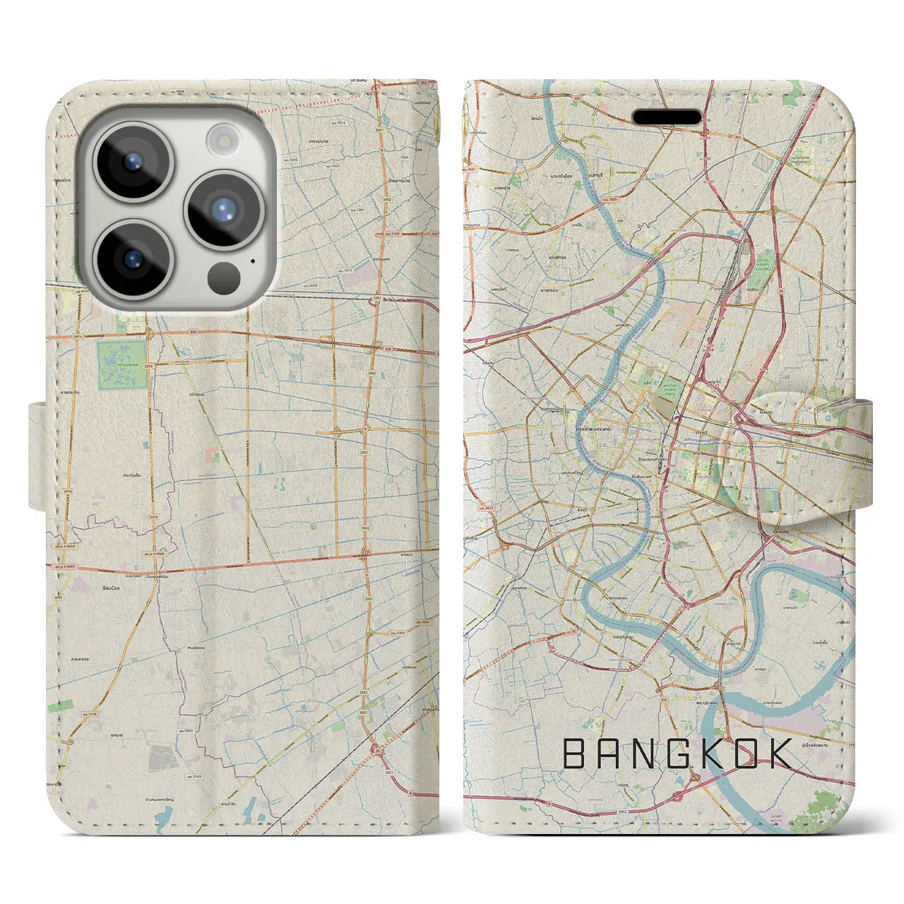 【バンコク】地図柄iPhoneケース（手帳両面タイプ・ナチュラル）iPhone 15 Pro 用