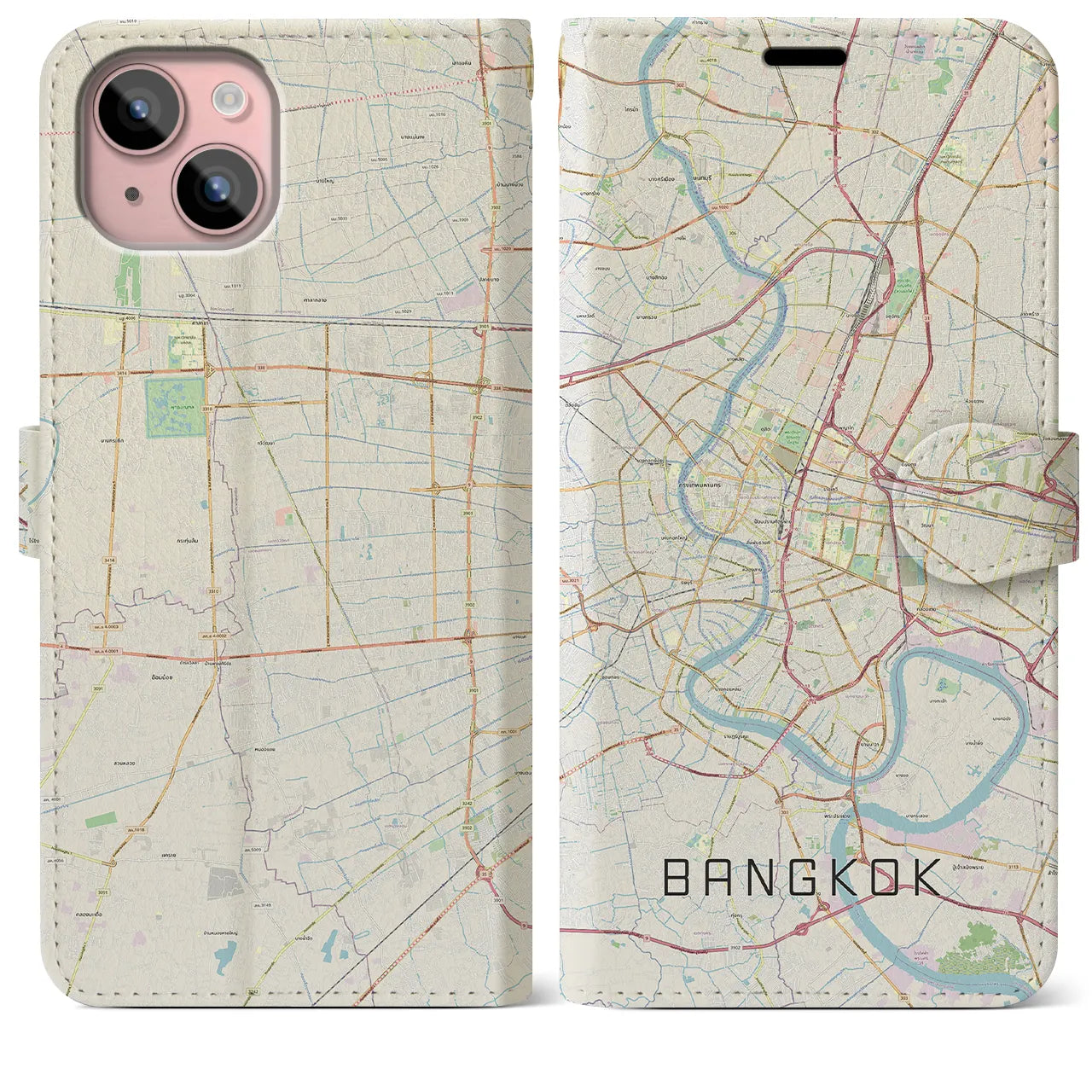 【バンコク】地図柄iPhoneケース（手帳両面タイプ・ナチュラル）iPhone 15 Plus 用