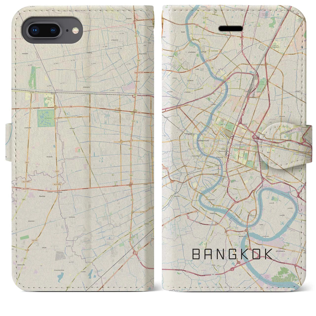 【バンコク】地図柄iPhoneケース（手帳両面タイプ・ナチュラル）iPhone 8Plus /7Plus / 6sPlus / 6Plus 用