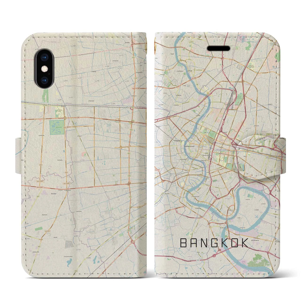 【バンコク】地図柄iPhoneケース（手帳両面タイプ・ナチュラル）iPhone XS / X 用