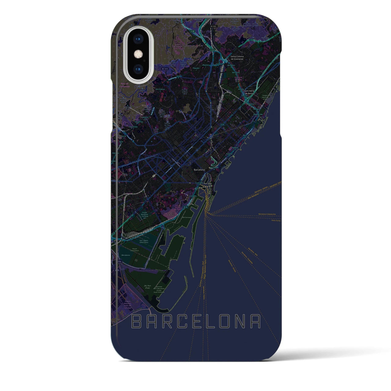 【バルセロナ】地図柄iPhoneケース（バックカバータイプ・ブラック）iPhone XS Max 用