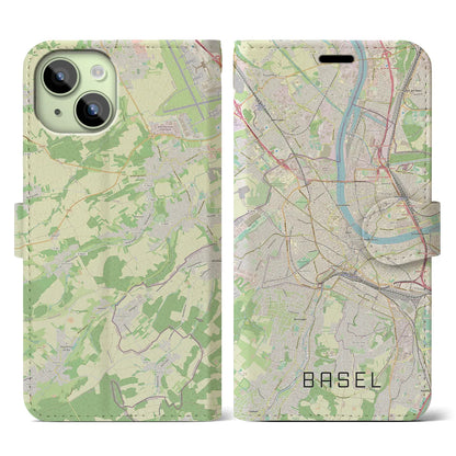 【バーゼル（スイス）】地図柄iPhoneケース（手帳タイプ）ナチュラル・iPhone 15 用