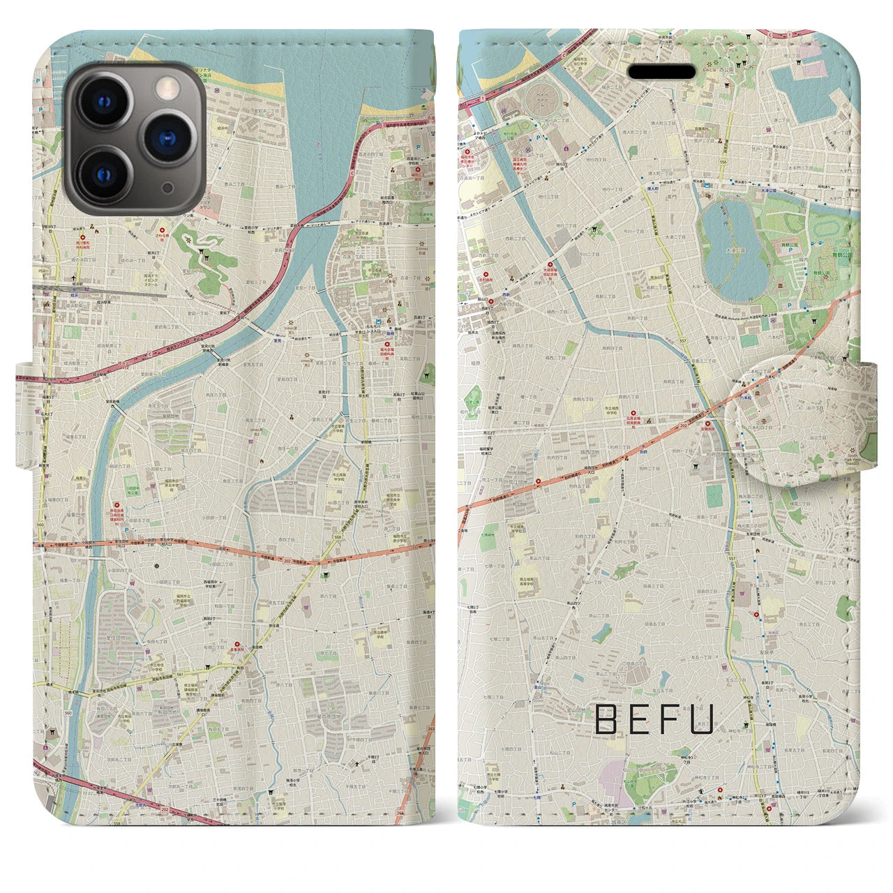 【別府（福岡県）】地図柄iPhoneケース（手帳両面タイプ・ナチュラル）iPhone 11 Pro Max 用
