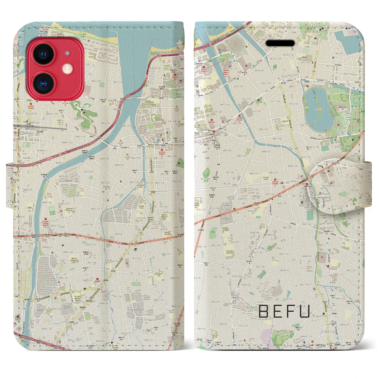 【別府（福岡県）】地図柄iPhoneケース（手帳両面タイプ・ナチュラル）iPhone 11 用