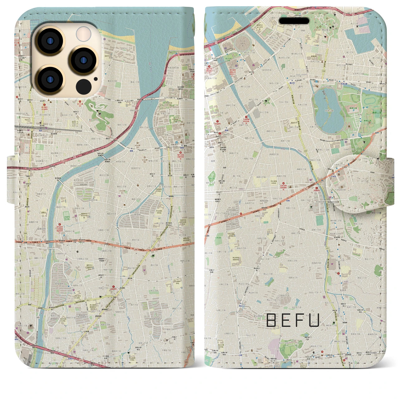 【別府（福岡県）】地図柄iPhoneケース（手帳両面タイプ・ナチュラル）iPhone 12 Pro Max 用