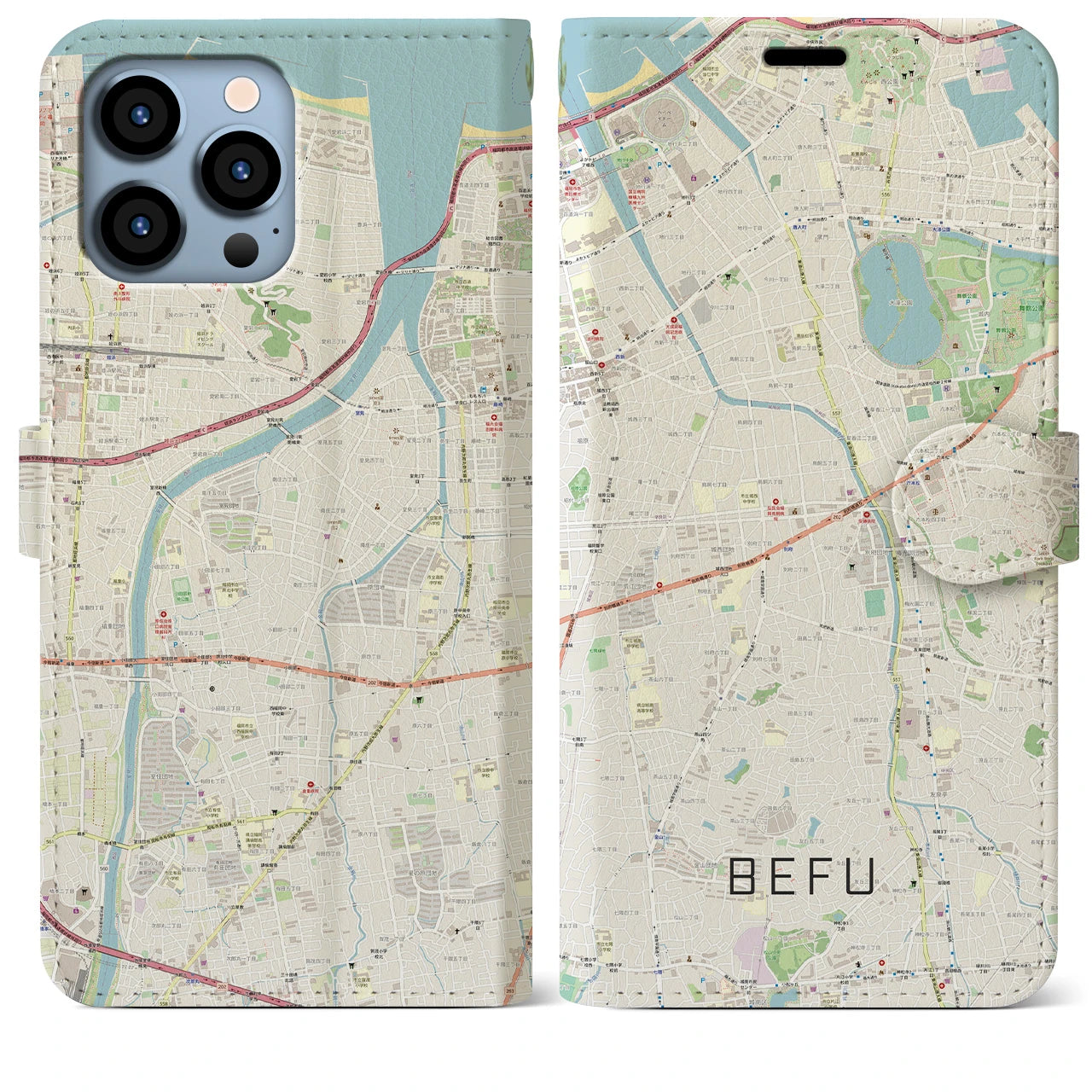 【別府（福岡県）】地図柄iPhoneケース（手帳両面タイプ・ナチュラル）iPhone 13 Pro Max 用