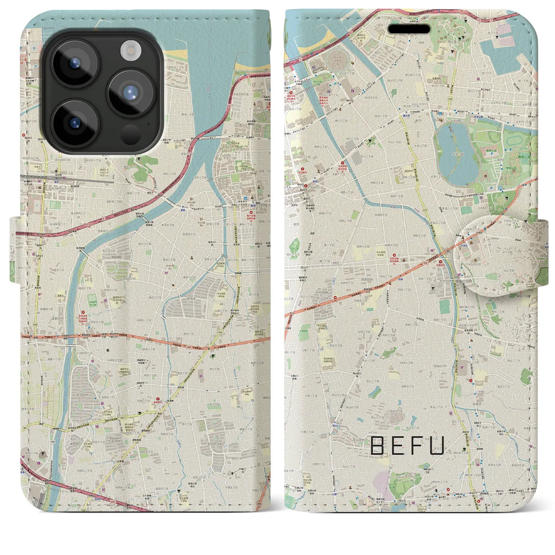 【別府（福岡県）】地図柄iPhoneケース（手帳両面タイプ・ナチュラル）iPhone 15 Pro Max 用