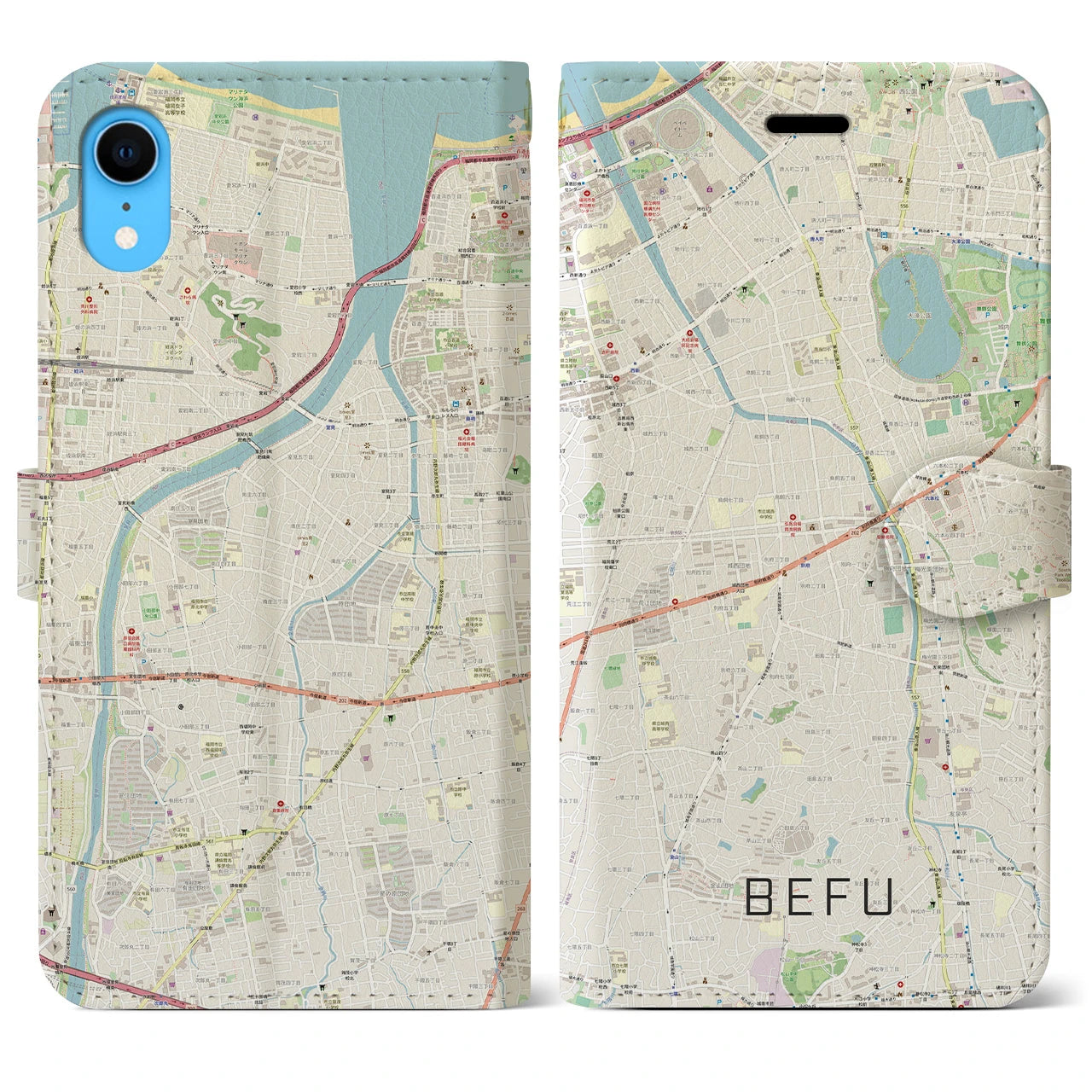【別府（福岡県）】地図柄iPhoneケース（手帳両面タイプ・ナチュラル）iPhone XR 用