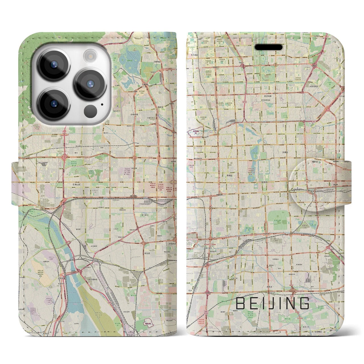 【北京】地図柄iPhoneケース（手帳両面タイプ・ナチュラル）iPhone 14 Pro 用