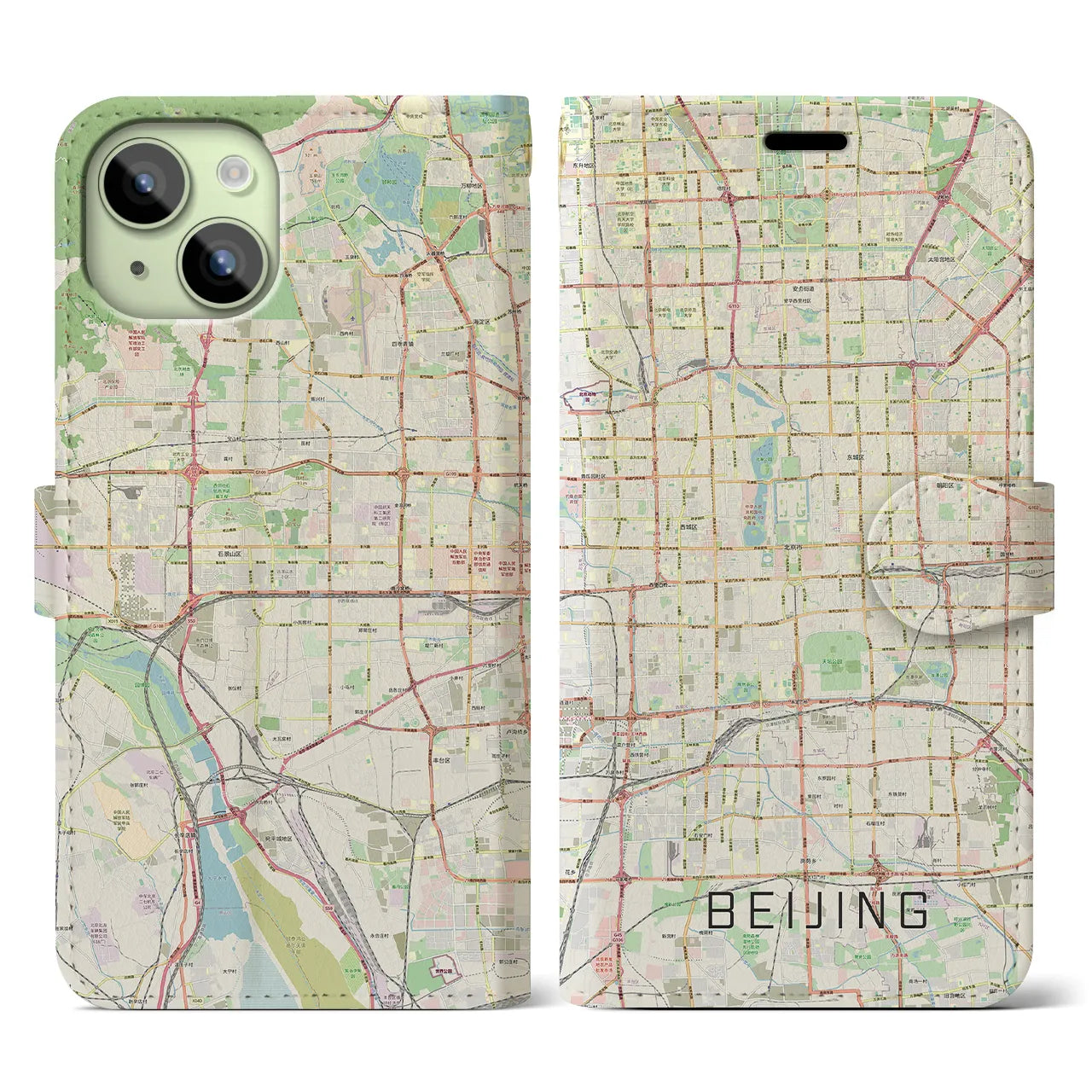 【北京】地図柄iPhoneケース（手帳両面タイプ・ナチュラル）iPhone 15 用