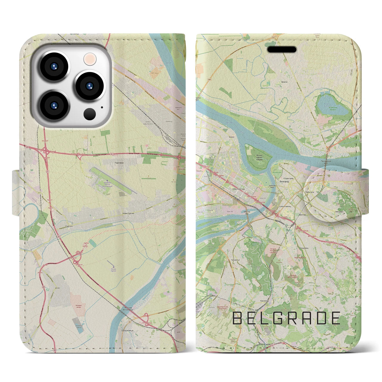 【ベオグラード】地図柄iPhoneケース（手帳両面タイプ・ナチュラル）iPhone 13 Pro 用