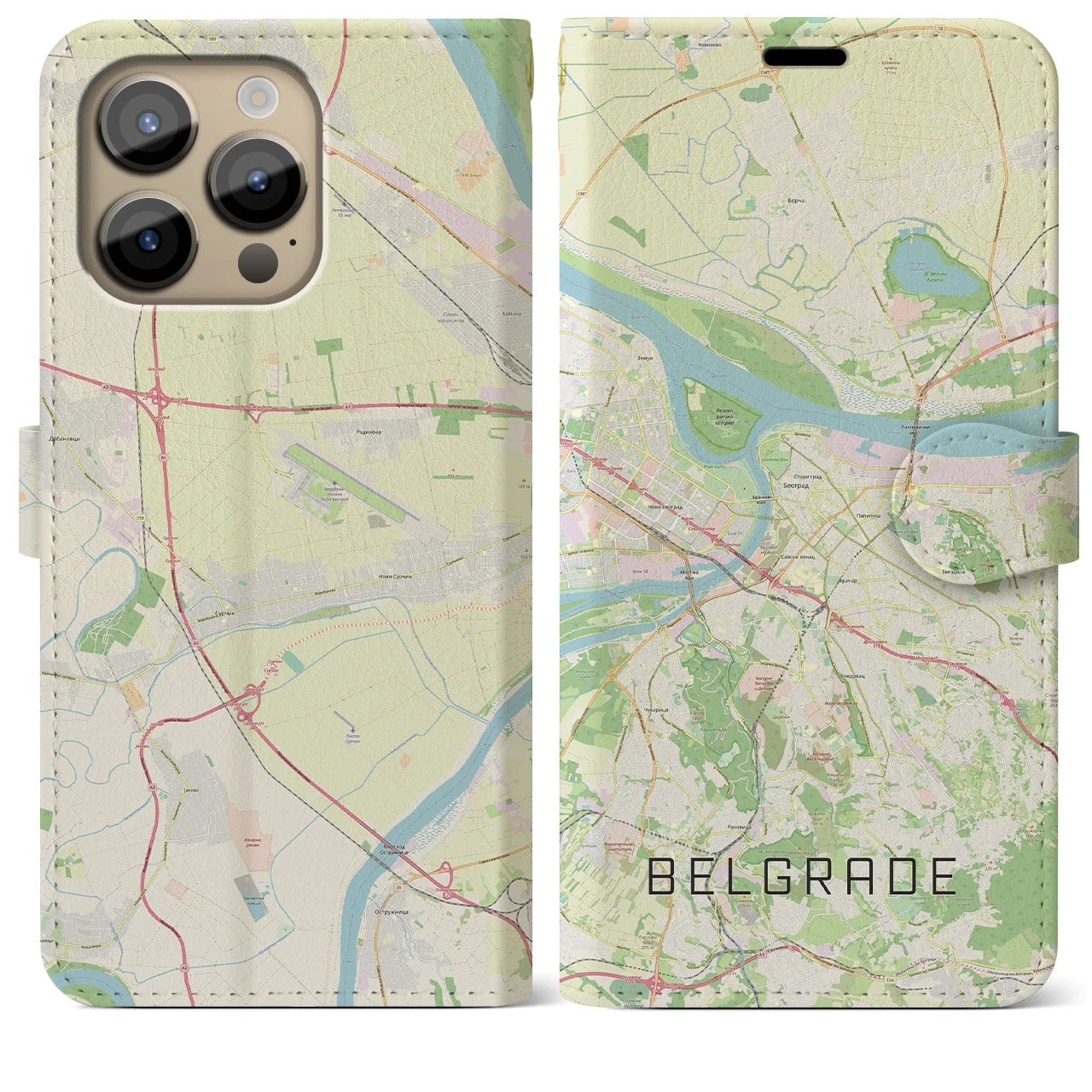 【ベオグラード】地図柄iPhoneケース（手帳両面タイプ・ナチュラル）iPhone 14 Pro Max 用