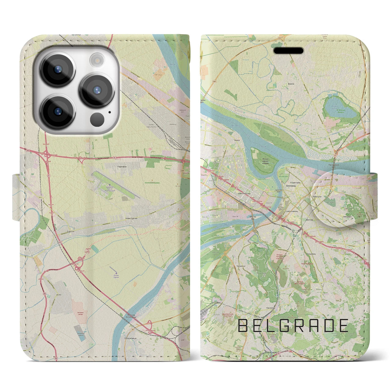 【ベオグラード】地図柄iPhoneケース（手帳両面タイプ・ナチュラル）iPhone 14 Pro 用