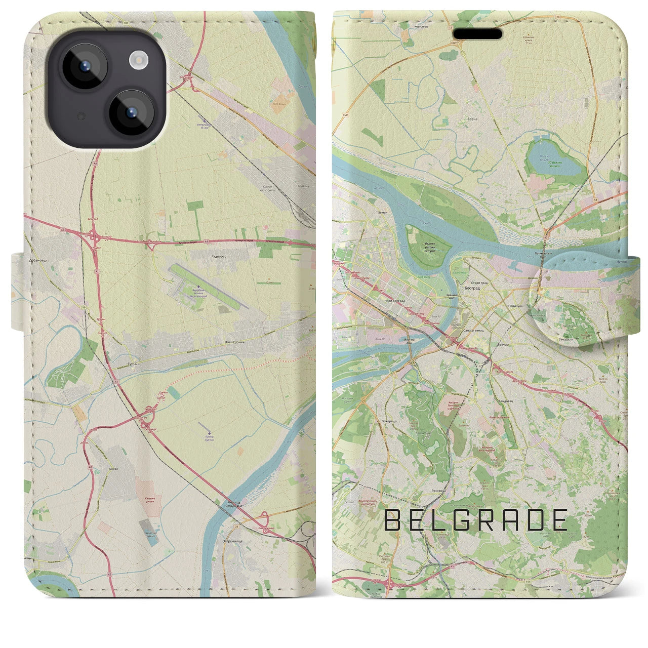 【ベオグラード（セルビア）】地図柄iPhoneケース（手帳タイプ）ナチュラル・iPhone 14 Plus 用