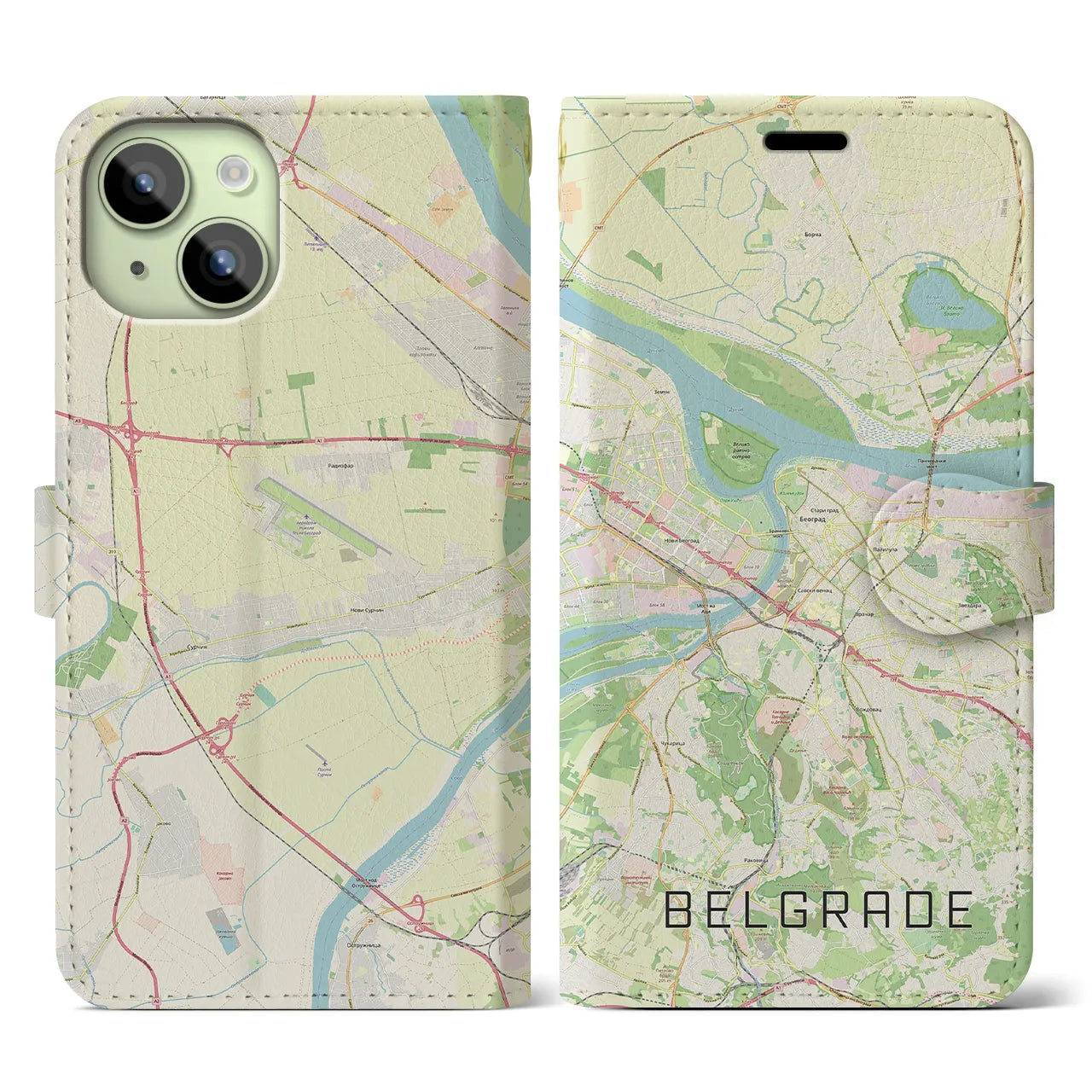 【ベオグラード】地図柄iPhoneケース（手帳両面タイプ・ナチュラル）iPhone 15 用
