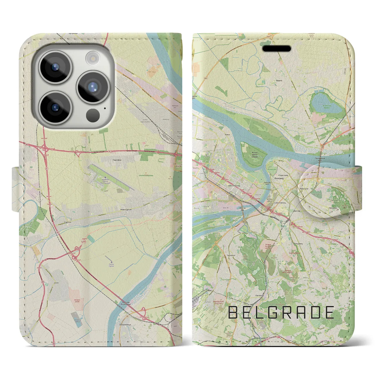 【ベオグラード（セルビア）】地図柄iPhoneケース（手帳タイプ）ナチュラル・iPhone 15 Pro 用