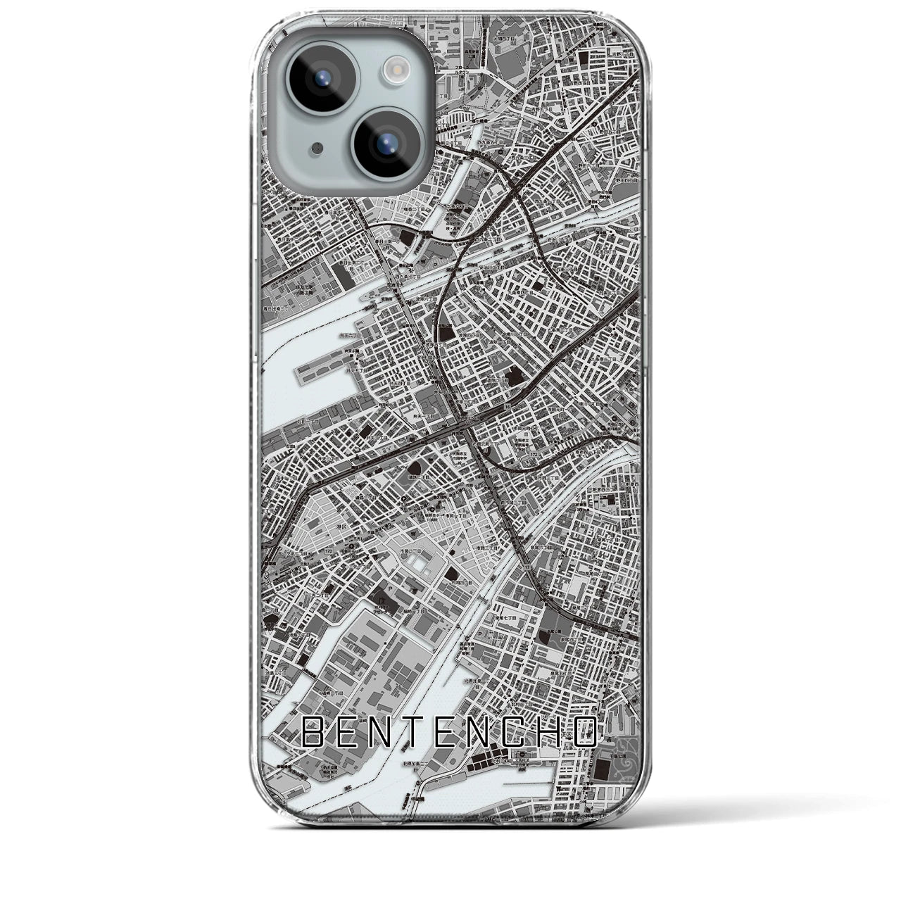 【弁天町】地図柄iPhoneケース（クリアタイプ・モノトーン）iPhone 15 Plus 用