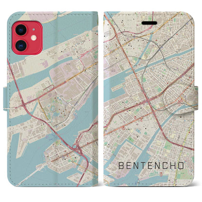 【弁天町（大阪府）】地図柄iPhoneケース（手帳タイプ）ナチュラル・iPhone 11 用