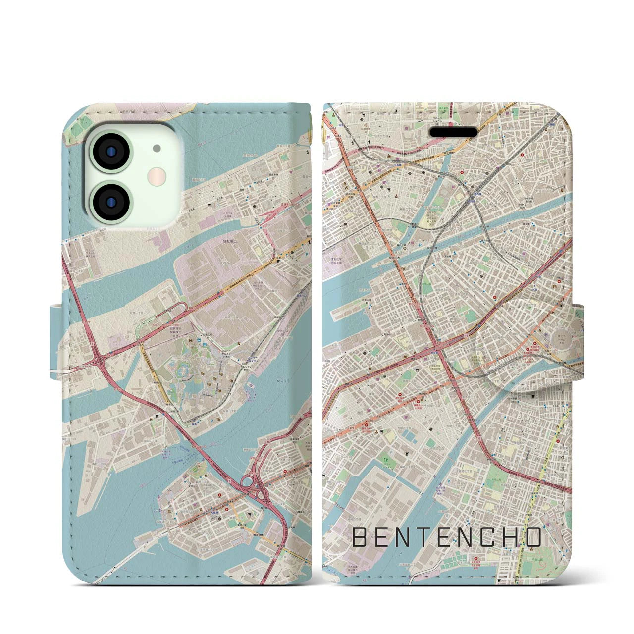 【弁天町】地図柄iPhoneケース（手帳両面タイプ・ナチュラル）iPhone 12 mini 用