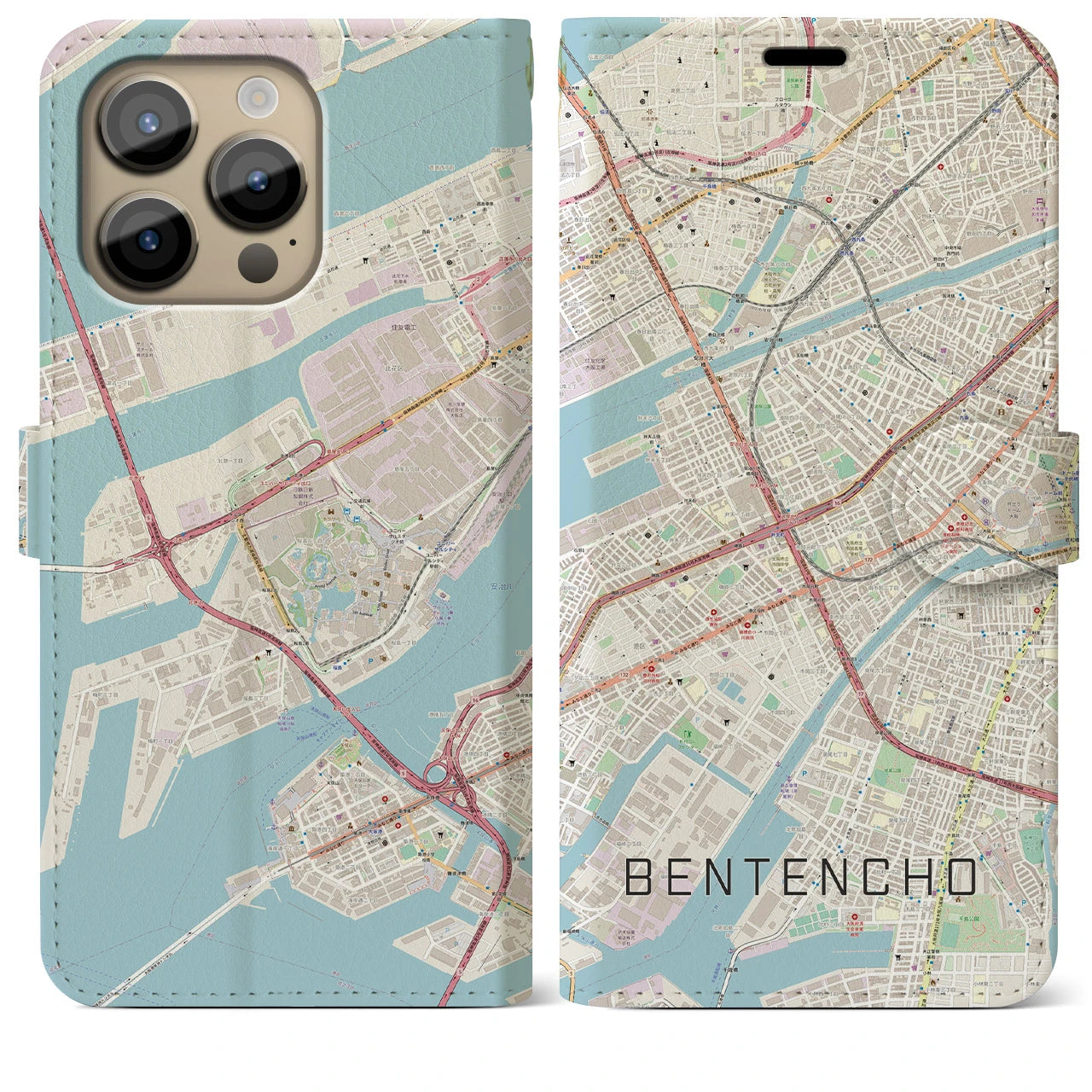 【弁天町】地図柄iPhoneケース（手帳両面タイプ・ナチュラル）iPhone 14 Pro Max 用